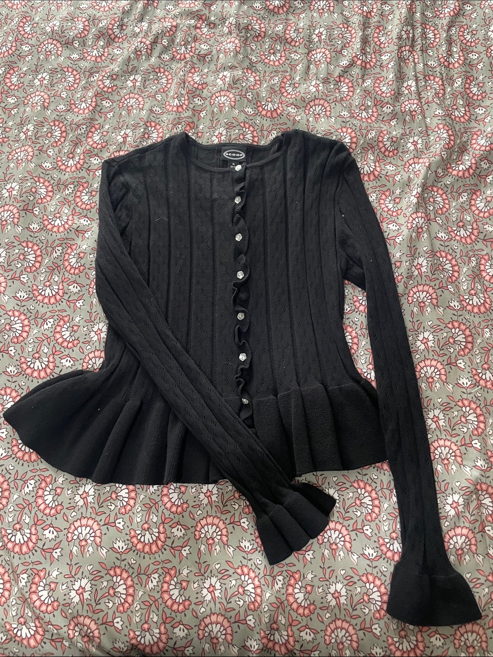 Classic Black Peplum Cardigan with Ruffle Trim